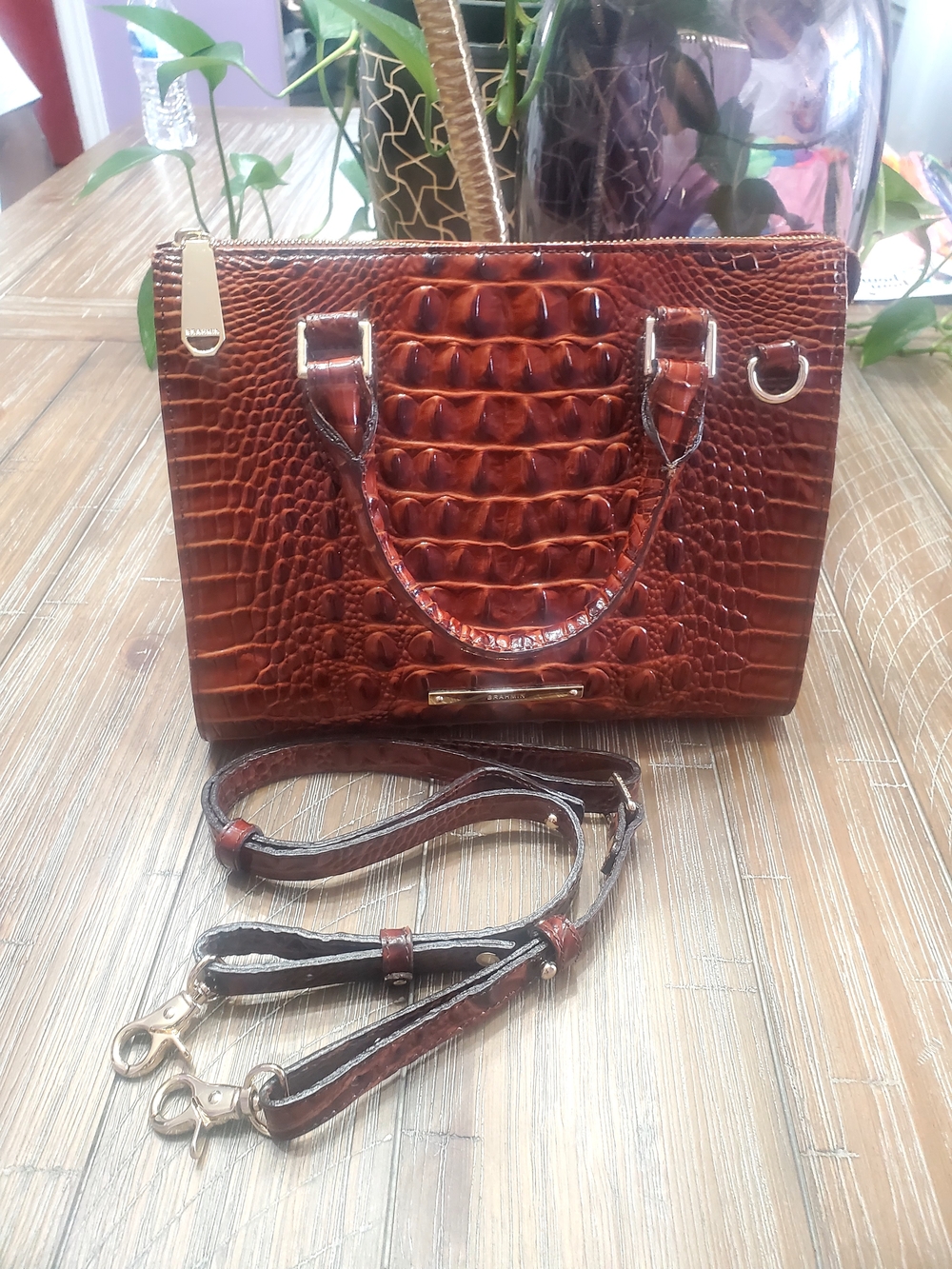 Brahmin Croc-Embossed Satchel Bag in Cognac Brown